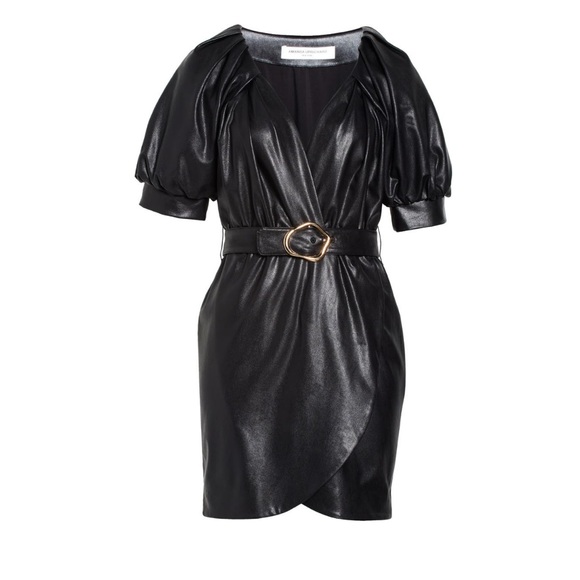 Amanda Uprichard Black Faux Leather Belted Faux Wrap Mini Dress NWT XS - Picture 5 of 5